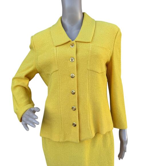 St. John 8 Skirt Suit Yellow Tweed Knit Gold Turn-Lock Jacket Pencil Mini Set - Picture 9 of 16